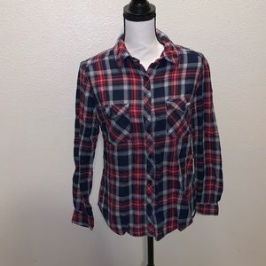 Joe Boxer red blue plaid double pocket long sleeve button down shirt